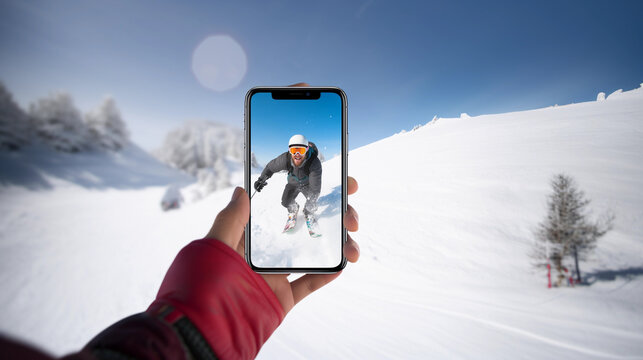 Skier advertising Shot iPhone  in mountains landscape forest resort