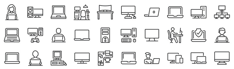 Set of 30 outline icons related to computer. Linear icon collection. Editable stroke. Vector illustration - obrazy, fototapety, plakaty