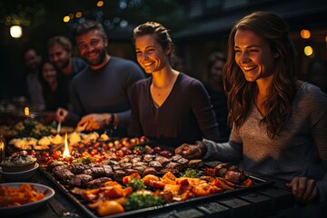 Friends enjoy outdoor barbecue with distilled drinks., generative IA