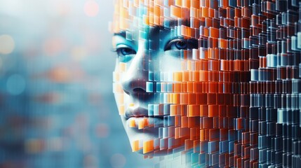 digital voxel human head illustration artificial abstract, face 3d, pixel cyborg digital voxel human head
