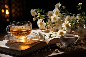 Obraz na płótnie Canvas Serene preparation of chamomile tea for quiet night., generative IA