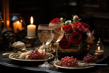Obraz na płótnie Canvas Romantic dinner in candlelight, shiny glasses., generative IA