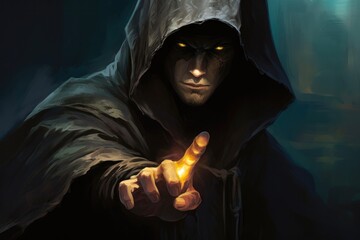Dark and Vague Warlock Pointing Finger in Cyberspace - obrazy, fototapety, plakaty