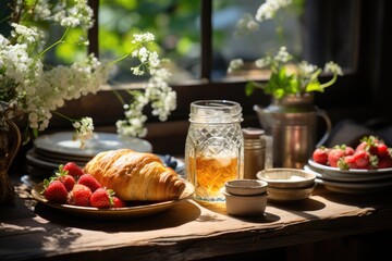Obraz na płótnie Canvas Outdoor morning: table full of fresh juices., generative IA