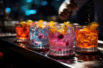 Mixologists preparing non -alcoholic cocktails with fresh fruits in a vibrant bar., generative IA