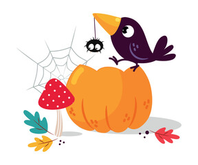 Halloween with Orange Pumpkin with Spider and Raven Vector Illustration