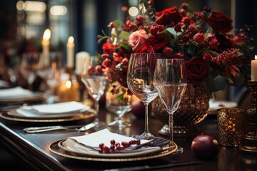 Elegant table with red wine cups and gourmet dishes., generative IA