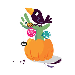 Halloween with Pumpkin, Raven, Zombie Hand and Candy Vector Illustration