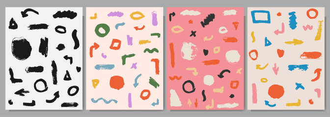 Vector illustration. Hand drawn background. Memphis pattern. Fashion 50s, 60s. Retro funky graphic. Design elements for print, poster, book or magazine cover, layout, brochure. Contemporary modern art