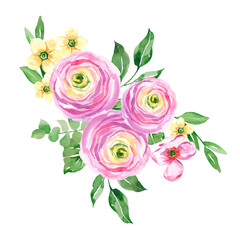 Spring, summer composition of mini wild flowers and buds. Delicate flowers ranunculus, roses, peony, wildflowers. Watercolor hand painted isolated elements on white background