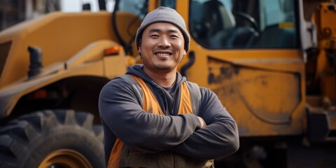 Fototapeta na wymiar Portrait of forklift truck driver asian man smiling in factory warehouse. Construction worker with tractor, generative ai