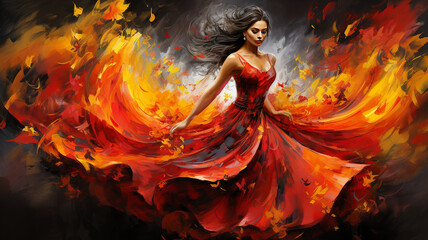 Flamenco Spanish woman in a red dress, abstract painting - obrazy, fototapety, plakaty