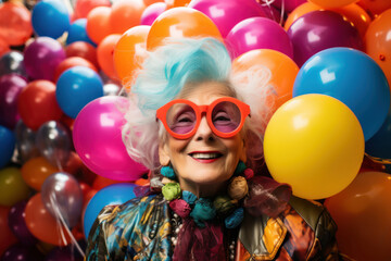 Senior hipster lady, surrounded by vibrant, balloons in various colors. Generative AI