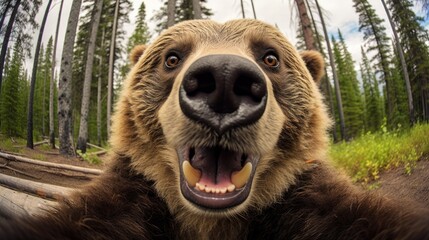 Close-up portrait of a bear in a clearing in the forest. Detailed image of the muzzle. A wild animal is looking at something. Illustration with distorted fisheye effect. Cover design, postcards.
