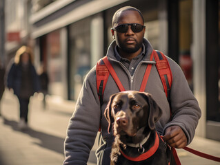 blind man with a guide dog walking in city, individual assistant and helpmate for blind people.