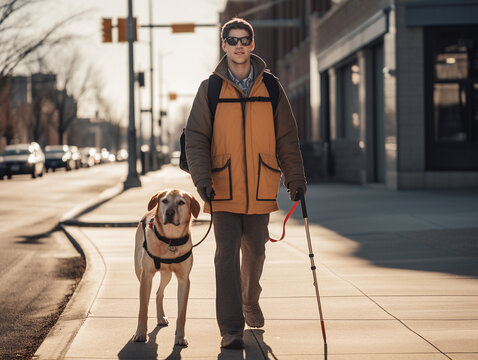 blind man with a guide dog walking in city, individual assistant and helpmate for blind people.