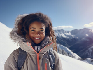 Fototapeta na wymiar portrait of African American child smiling girl wearing winter clothes and standing at a snow resort with snowy mountains in the background.
