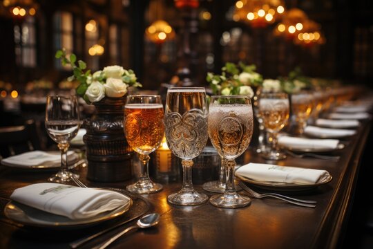 Harmonized sophisticated dinner with special beers in elegant environment., generative IA