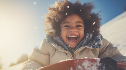 Portrait of African American happy child laughing and having fun on a snow sled. Vocation, winter holidays. - obrazy, fototapety, plakaty