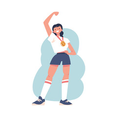 Smiling Woman Winner with Golden Medal Vector Illustration