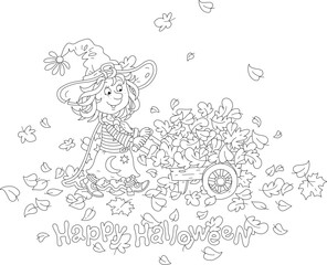 Happy little witch wheeling her wooden cart full of fallen leaves from an autumn garden, black and white vector cartoon illustration