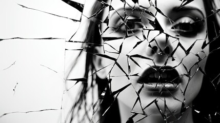 The reflection of a face in the shards of a broken mirror.