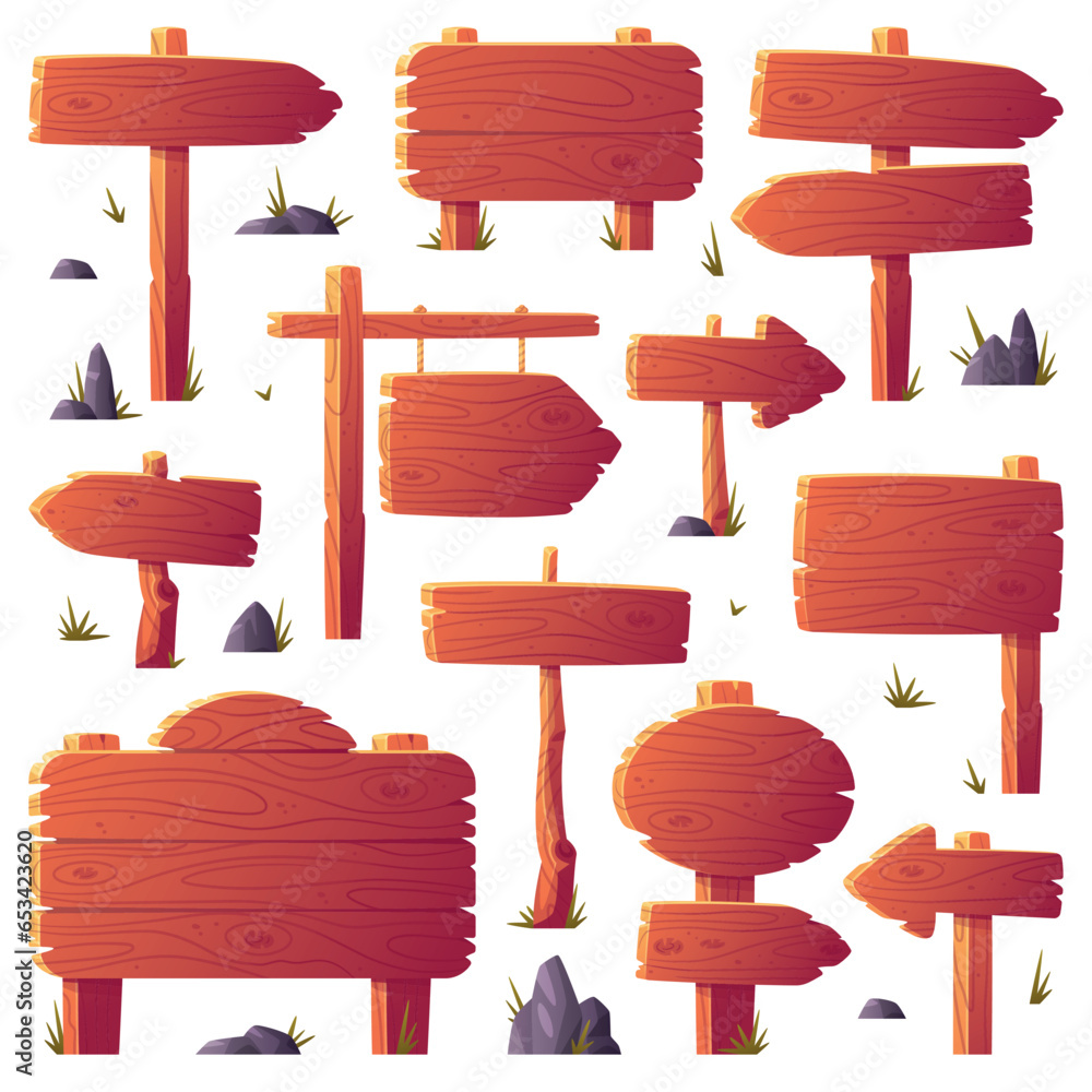Poster wooden pointer and board on pole showing direction or information vector set