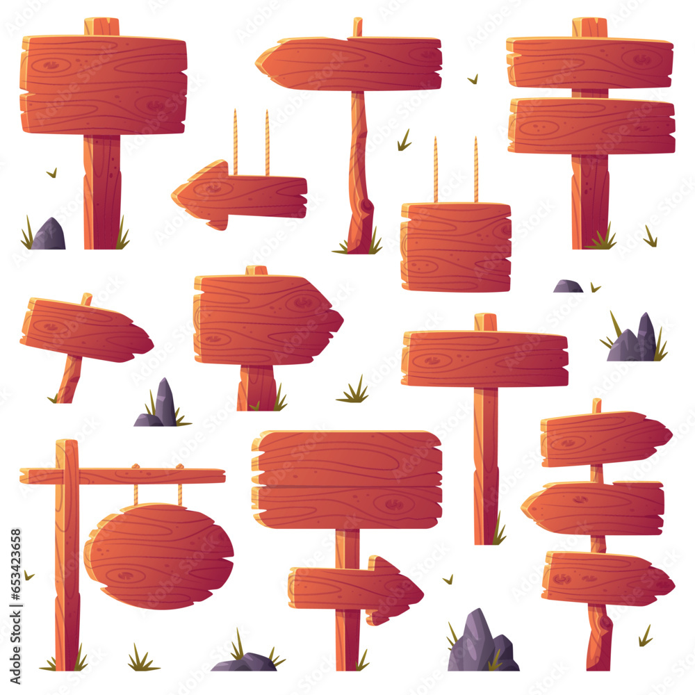 Poster wooden pointer and board on pole showing direction or information vector set
