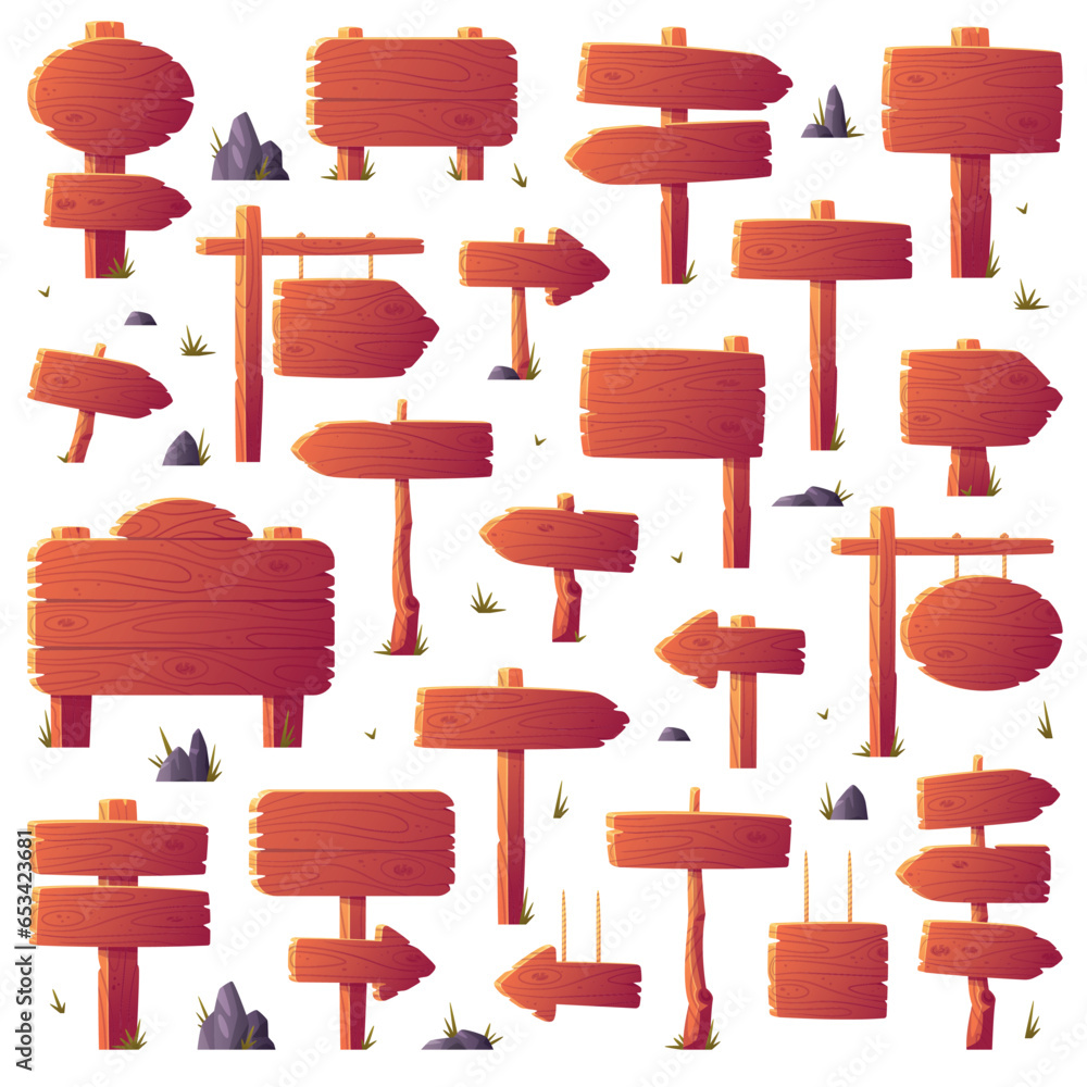 Poster wooden pointer and board on pole showing direction or information vector set