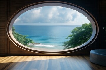 Obraz na płótnie Canvas Gorgeous ocean view from balcony with large circular window in a house or hotel's living room. Generative AI