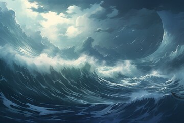View of turbulent ocean with towering waves and strong winds in a storm. Generative AI - obrazy, fototapety, plakaty