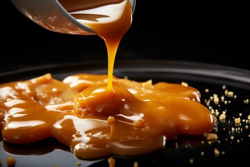 Melted caramel candy oozing with creamy caramel sauce. Generative AI