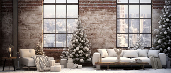 Loft interior design scene with copy space. Forniture with Christmas tree, lights, grland decoration. Modern cottage, villa, apartment. Contemporary mock up for holidays. Gorgeous New Year background.