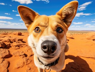 Close-up portrait of a wild dingo dog. Detailed image of a muzzle. Wild animal looking at something. Illustration with distorted fisheye effect. Design for cover, card, postcard, decor or print.