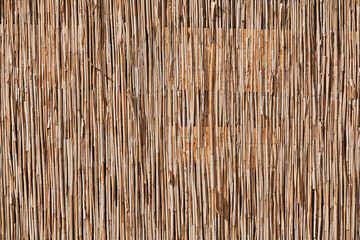 Handmade fence made of dried reeds as background.