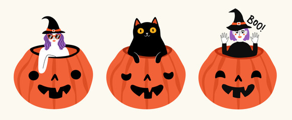 Vector Halloween illustration set with cat, witch, pumpkin and lettering phrase boo. Party print design collection, autumn sticker pack, greeting card elements