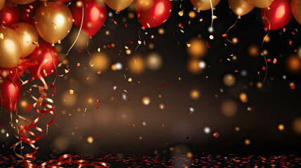 Gold and red balloons with streamers on a bokeh background.