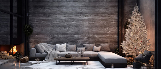 Loft interior design scene with copy space. Forniture with Christmas tree, lights, grland decoration. Modern cottage, villa, apartment. Contemporary mock up for holidays. Gorgeous New Year background.