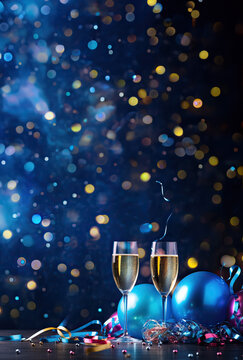 Vertical background of New Year party, champagne glasses, blue and gold lights.