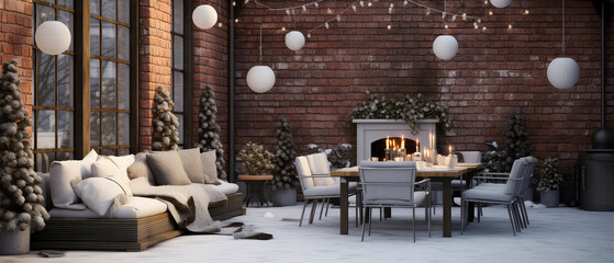 Christmas mockup. Winter, snowy patio of suburban house. Luxury exterior design scene.Villa Backyard terrace with couches and lounge chairs. Vacation, wellness, resort, hotel, penthouse.Generative ai - obrazy, fototapety, plakaty