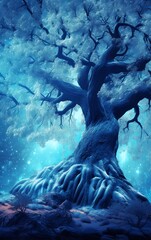 Obraz premium Big blue oak tree in magical forest, Generative AI illustrations