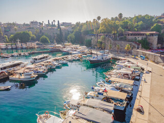 View of old Antalya from a drone or bird's eye view. This is the area of the old city and the old...