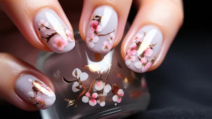 Foto op Canvas Beautiful female hands with manicure close-up, modern stylish nail design with butterflies © pundapanda