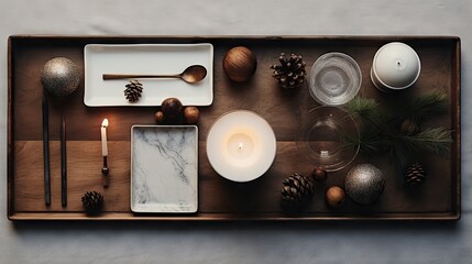  a tray with candles, plates, and other items on it.  generative ai