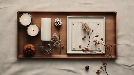  a tray with candles, flowers, and other items on it.  generative ai
