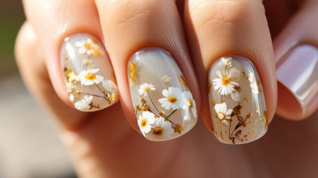 Beautiful female hands with w manicure close-up, modern stylish nail design with daisis