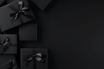 Black Friday sale concept. Gift boxes with ribbons on dark background with copy space.