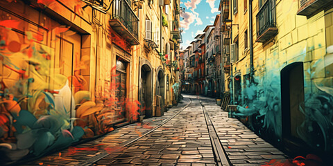 Fototapeta premium narrow street color city generated by AI