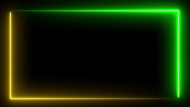 Green and yellow neon color rectangle empty frame. Square rectangle picture frame with two tone neon color motion graphic on isolated black background. Empty copy space middle