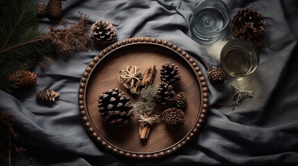  a wooden plate topped with pine cones on top of a blue blanket.  generative ai